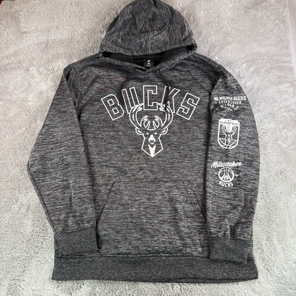 Milwaukee Bucks Hoodie Men's XL Gray Space Pullover NBA Fleece Logo Sweatshirt